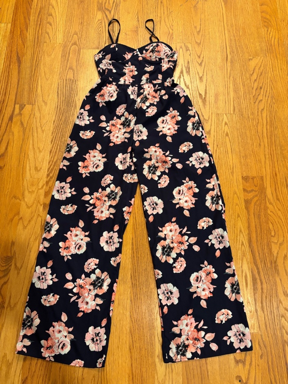 Floral Wide-Leg Jumpsuit - Navy with Pink Flowers